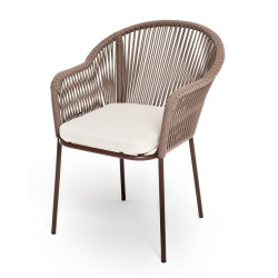 Дачный стул-кресло рекомендованный интернет магазином стулстол. "Лион" стул плетеный из роупа, каркас алюминий белый (RAL9016) шагрень, роуп оранжевый меланж круглый, ткань светло-серая