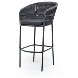 "Бордо" стул барный плетеный из роупа (колос), каркас из стали серый (RAL7022) муар, роуп серый 15мм, ткань темно-серая 027
