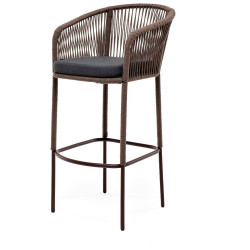 "Марсель" стул барный плетеный из роупа, каркас из стали коричневый (RAL8016) муар, роуп коричневый круглый, ткань темно-серая 027